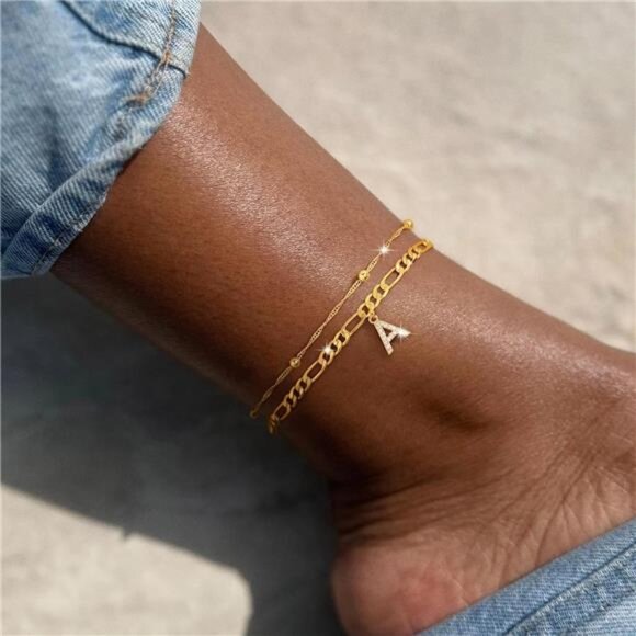 Ankle Bracelets for Women, 14K Gold Plated Dainty Layered Chain CZ Initial - Picture 6 of 7